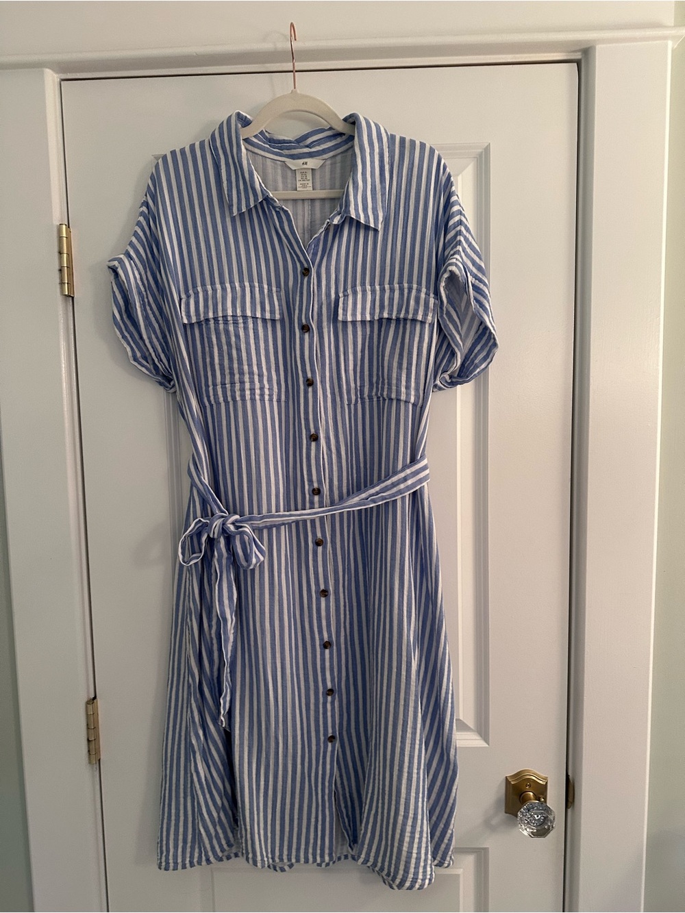 H&M Blue & White Striped Midi Shirt Dress with Removable Waist Tie ~ Size XL